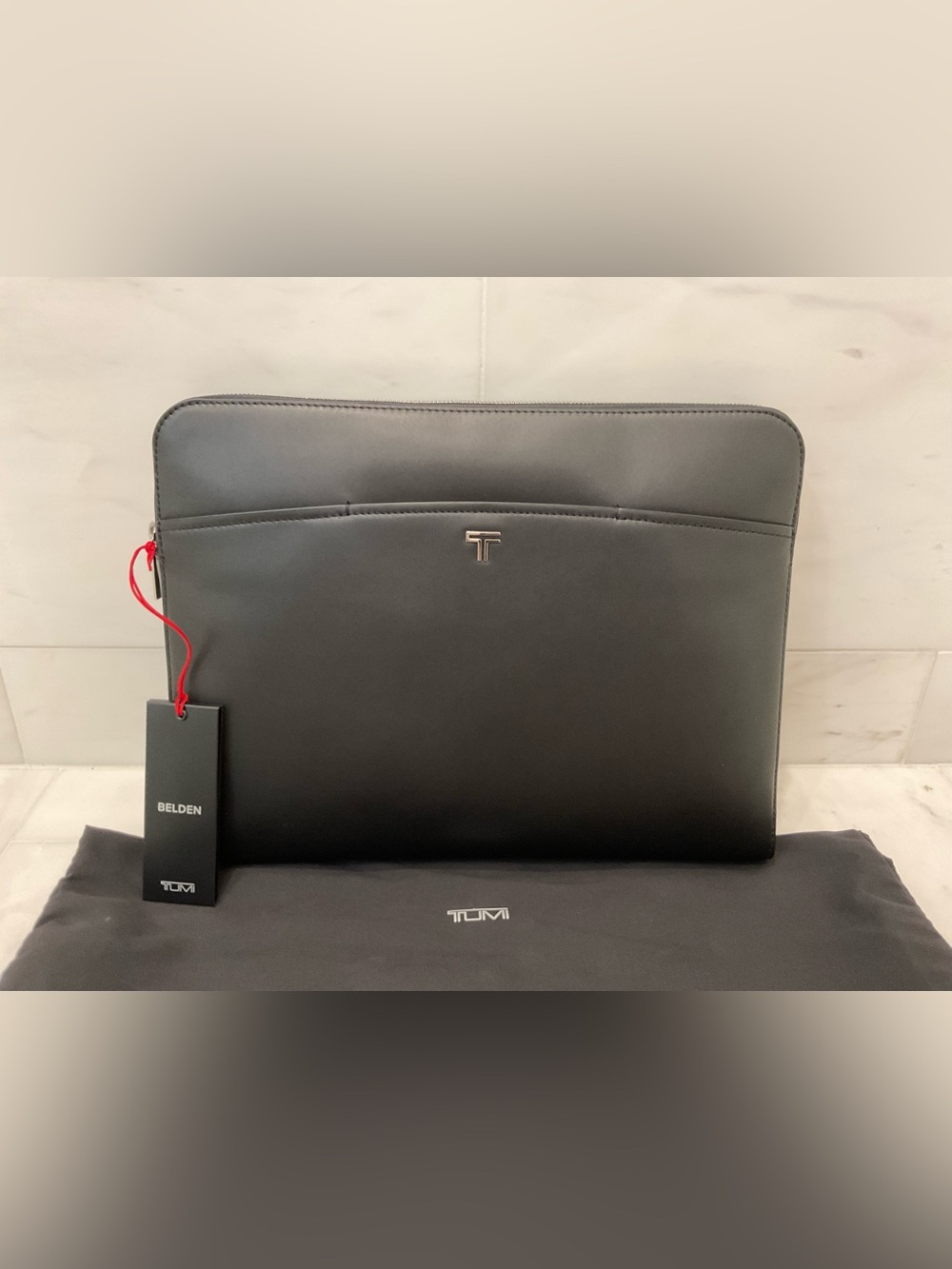 NEW Tumi Belden 13.5” LEATHER Zip Top Laptop Sleeve Bag - BLACK w/ GUNMETAL